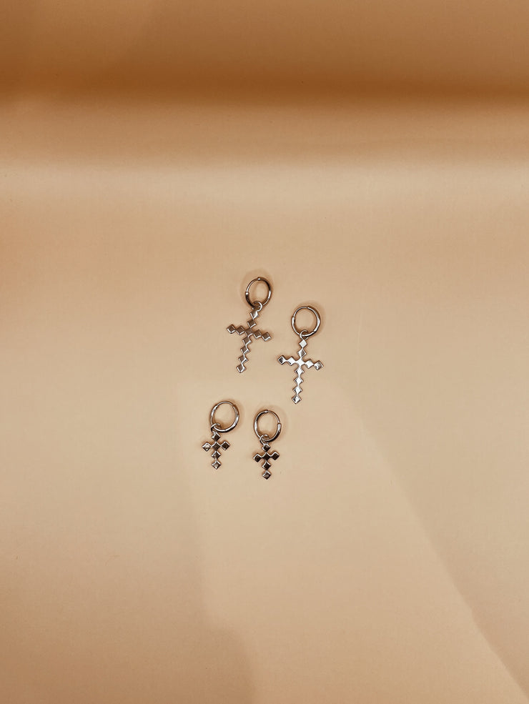 Mini Dori Cross Huggie Drops in Silver