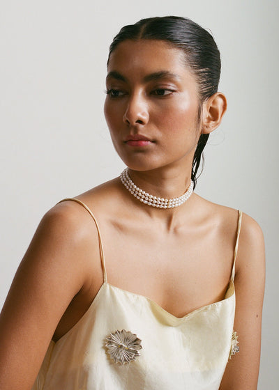 The Lune Three Row Pearl Corset Choker in Gold Tone
