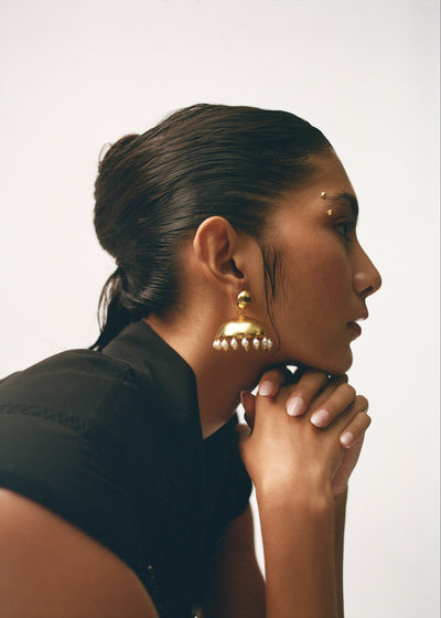 Zaha Irregular Baroque Pearl Jhumkas in Matte Gold Tone