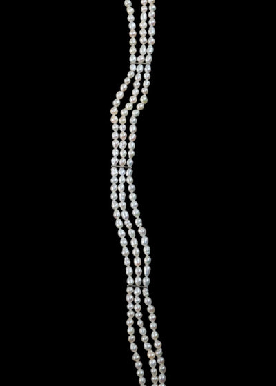 The Lune Three Row Pearl Corset Choker in Silver Tone
