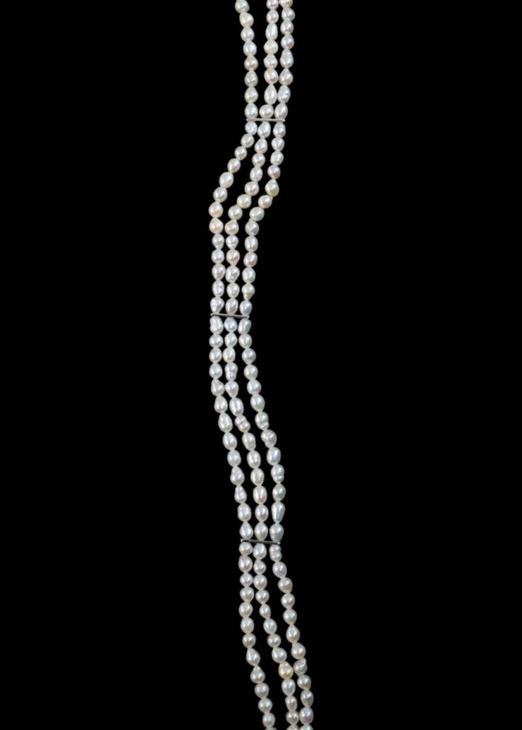 The Lune Three Row Pearl Corset Choker in Silver Tone