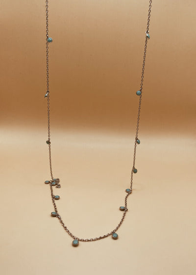 Long Blue Turquoise Moon Shaker Necklace in Silver Tone