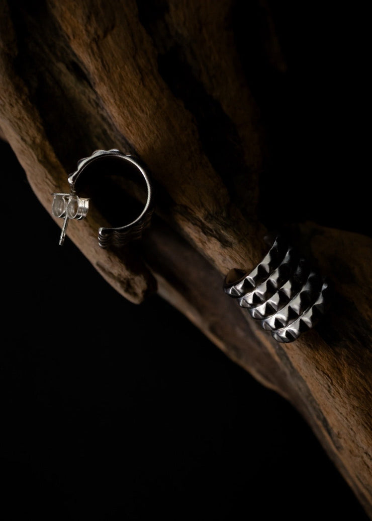 Five Line Pyramid Hoops in Silver Tone