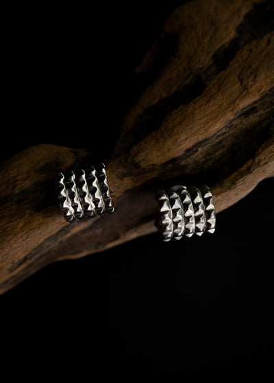 Five Line Pyramid Hoops in Silver Tone