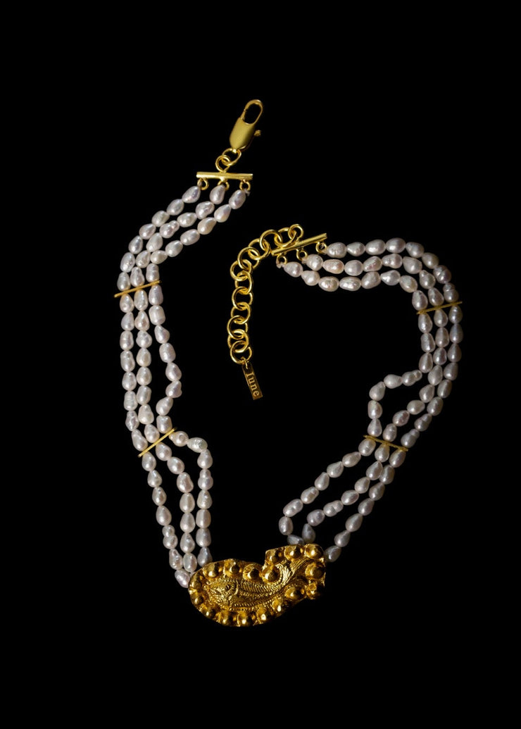 The Medieval Fish Three Row Pearl Choker In Gold Tone