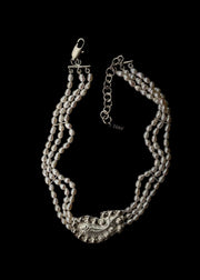 The Medieval Fish Three Row Pearl Choker In Silver Tone