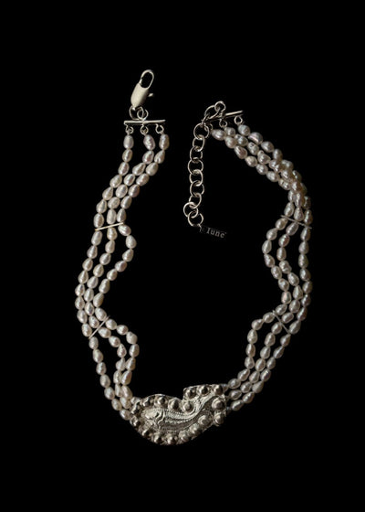 The Medieval Fish Three Row Pearl Choker In Silver Tone