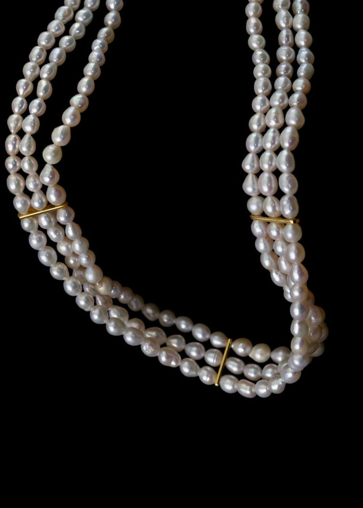 The Lune Three Row Pearl Corset Choker in Gold Tone