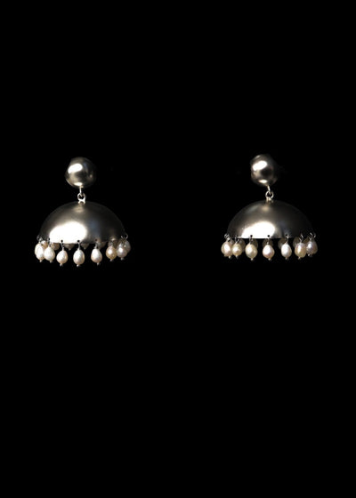 Zaha Irregular Baroque Pearl Jhumkas in Matte Silver Tone