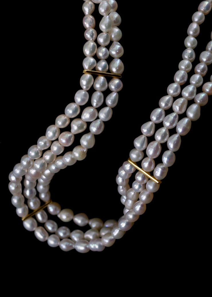 The Lune Three Row Pearl Corset Choker in Gold Tone
