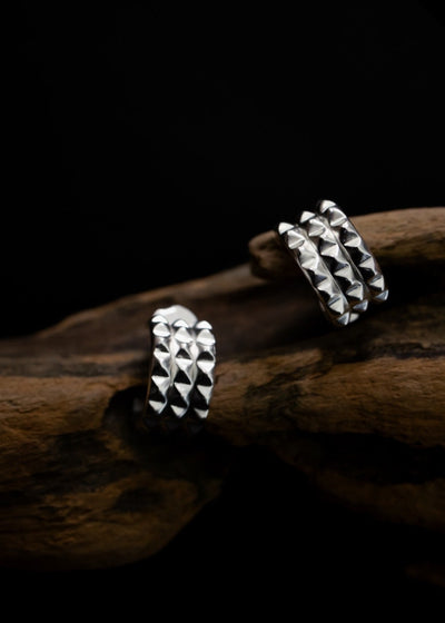 Triple Line Pyramid Hoops in Silver Tone