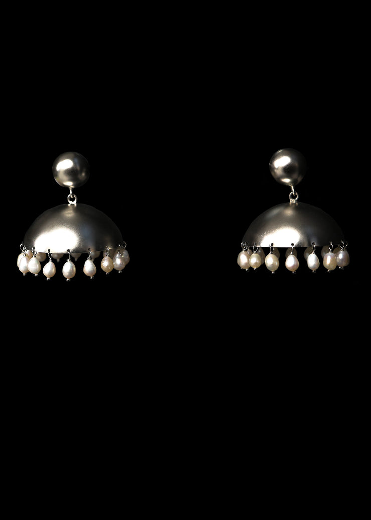 Zaha Irregular Baroque Pearl Jhumkas in Matte Silver Tone