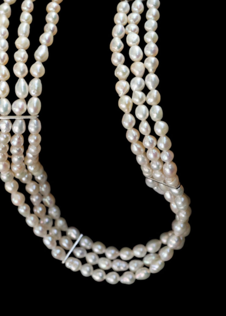 The Lune Three Row Pearl Corset Choker in Silver Tone