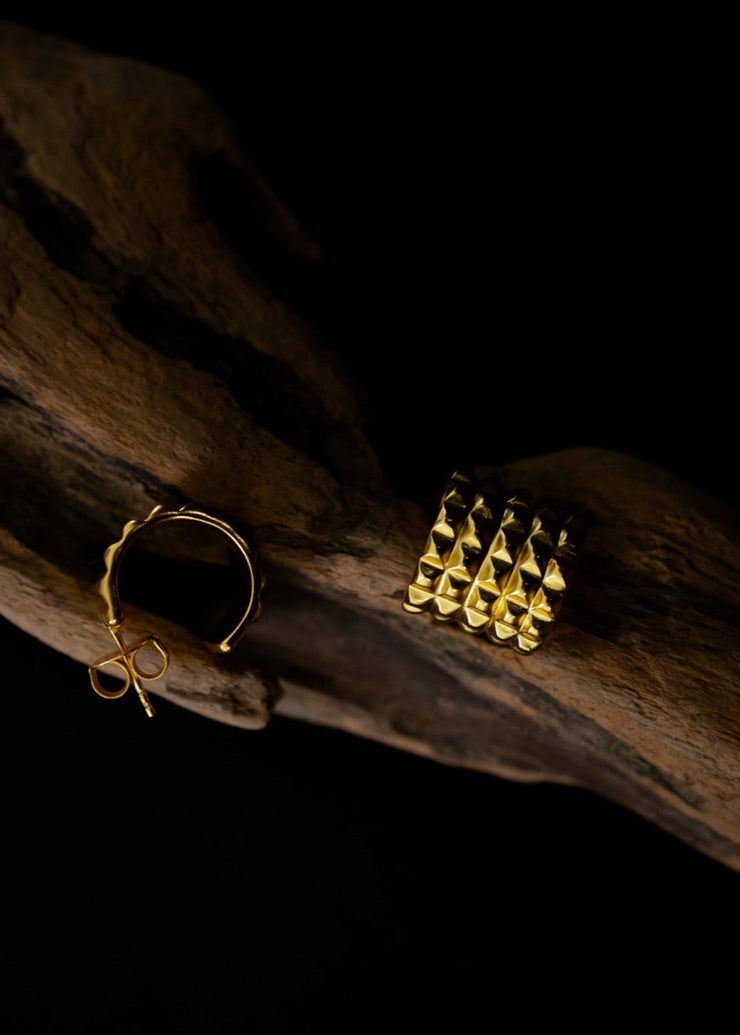 Five Line Pyramid Hoops in Gold Tone