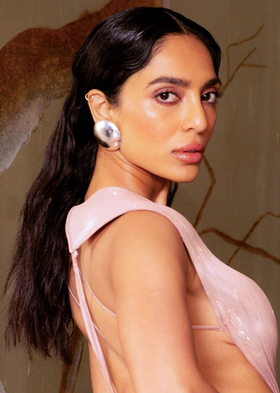 Sobhita Dhulipala in Big Santi Disc Studs in Silver Tone