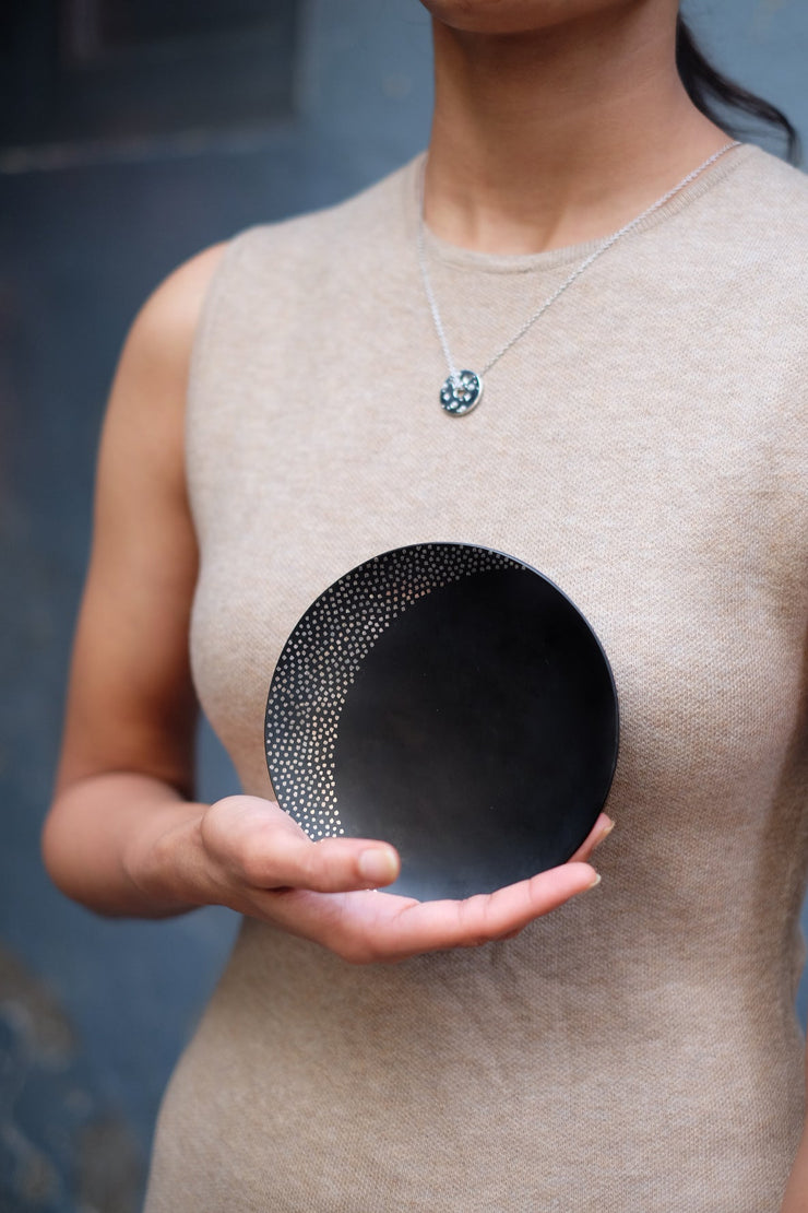 Small Celestial Record Pendant Necklace in Silver Tone With Pearl Chain