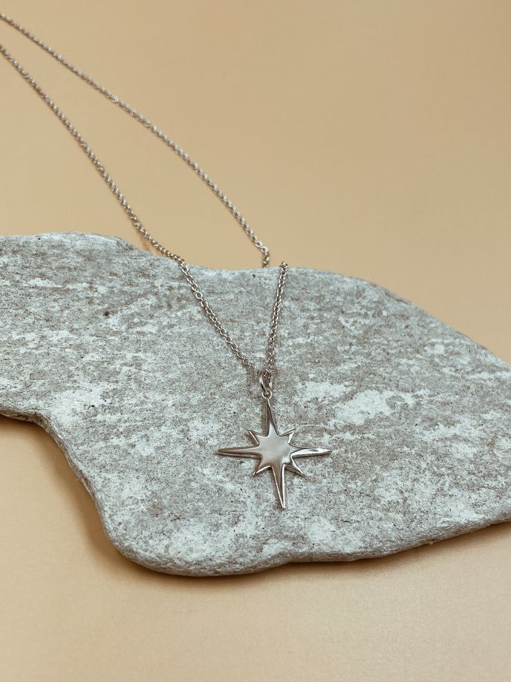 Medium Pointed Star Pendant Brass Necklace in Silver Tone