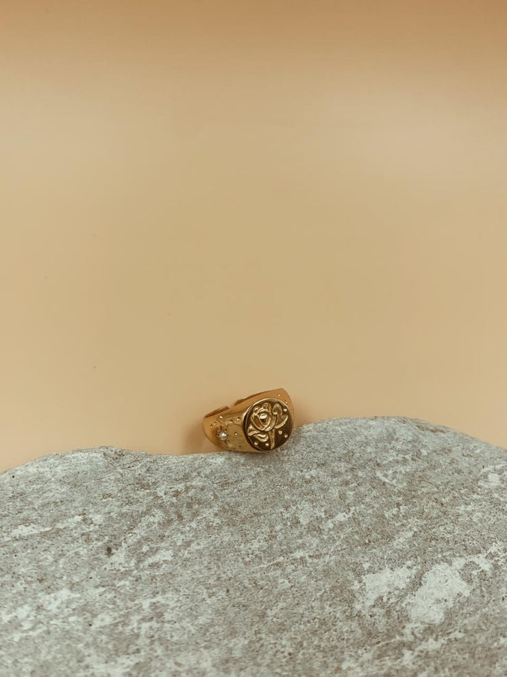Rosalia Pearl Celestial Signet Ring | 18kt Solid Gold