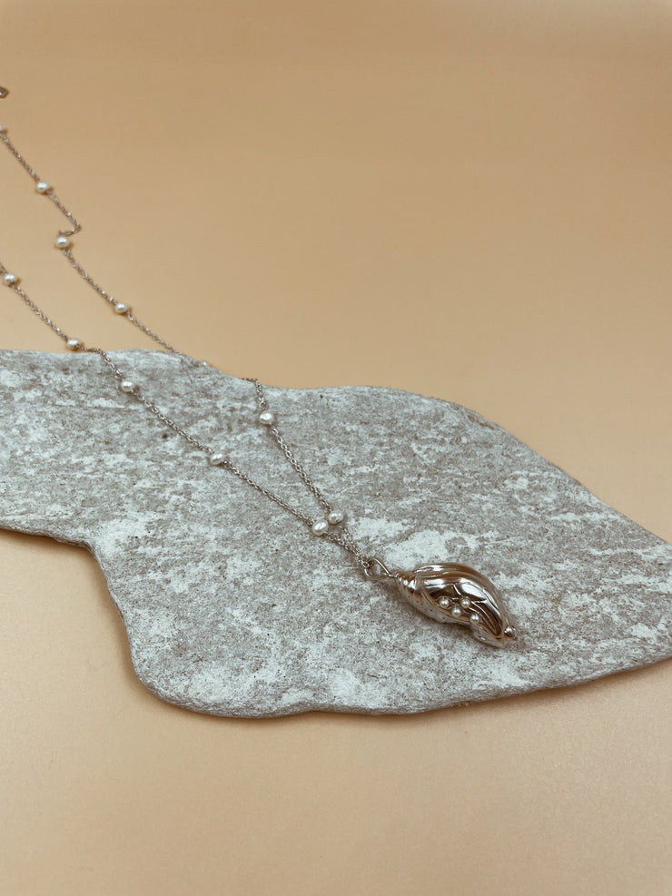 Lune Chrysalis Pendant Necklace in Silver Tone With Pearl Chain
