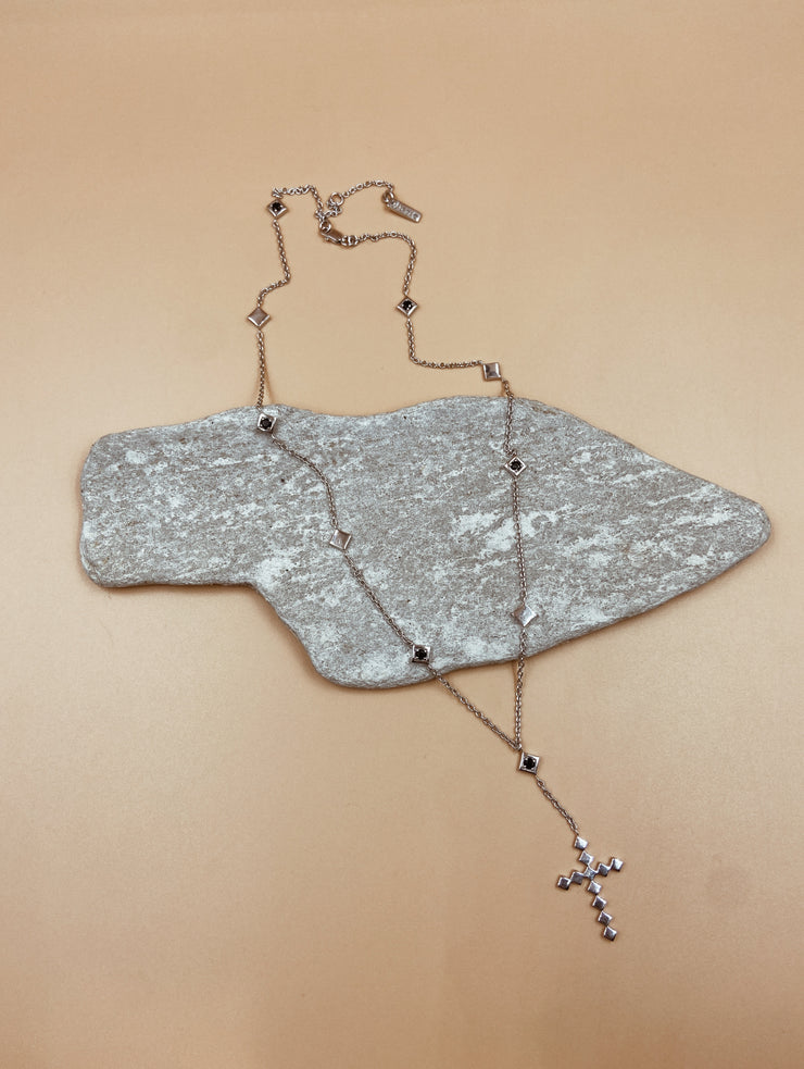 Dori Rosary Cross Lariat Necklace in Silver Tone