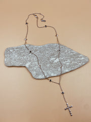 Dori Rosary Cross Lariat Necklace in Silver Tone