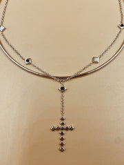 Dori Rosary Cross Lariat Necklace + Axis Choker in Silver Tone