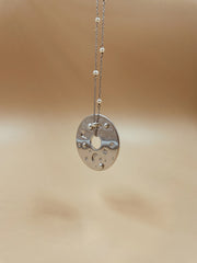 Big Celestial Record Pendant Necklace in Silver Tone With Pearl Chain