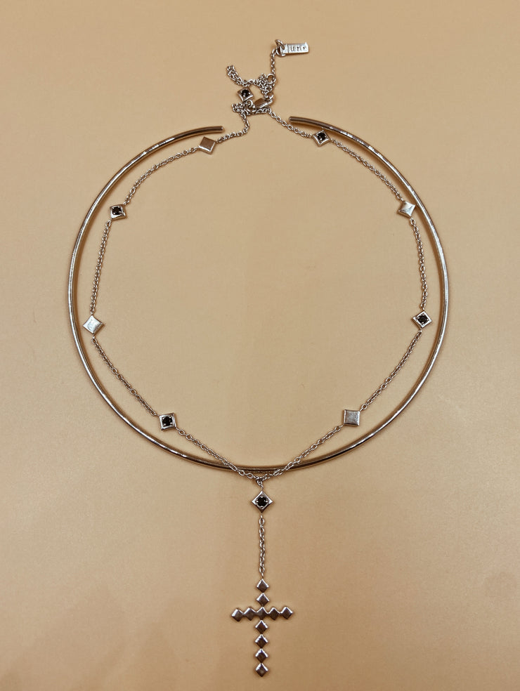 Dori Rosary Cross Lariat Necklace + Axis Choker in Silver Tone