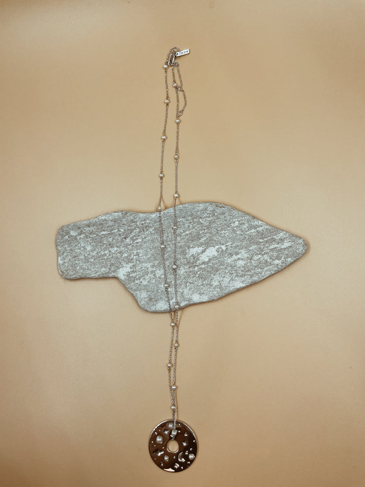 Big Celestial Record Pendant Necklace in Silver Tone With Pearl Chain
