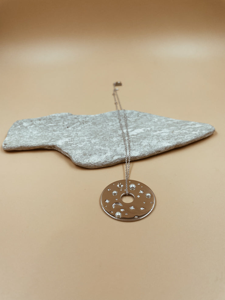 Big Celestial Record Pendant Necklace in Silver Tone With Plain Chain