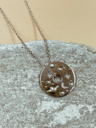 Small Celestial Record Pendant Necklace in Silver Tone