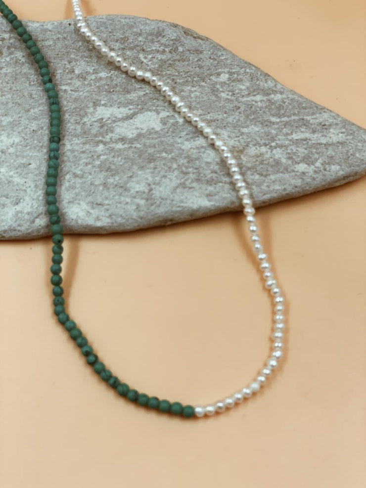 Dual Crescent Pearl + Turquoise Necklace