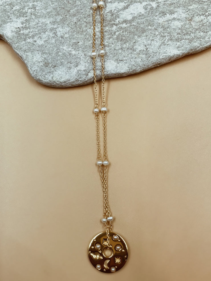 Small Celestial Record Pendant Necklace With Pearl Chain