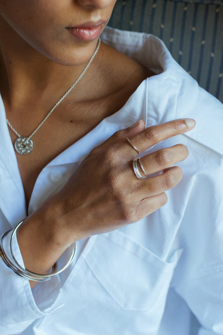 Small Celestial Record Pendant Necklace in Silver Tone With Pearl Chain