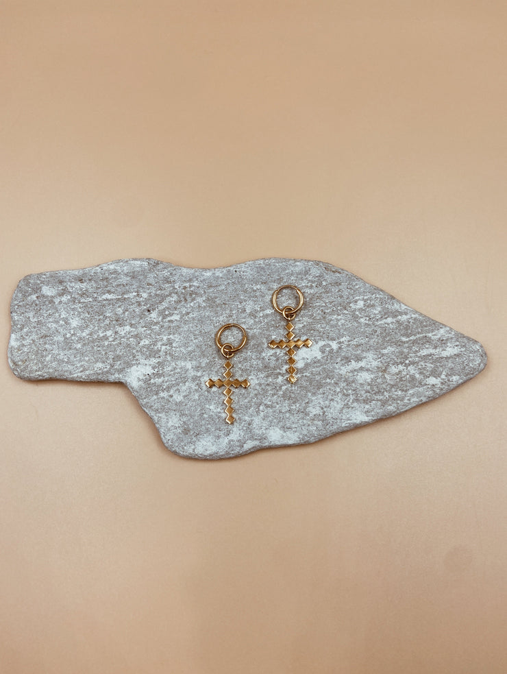 Dori Cross Huggie Drops | 18kt Solid Gold