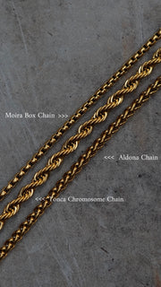 All our new textured chains together - A rope chain, box chain and wheat chain. Handcrafted in brass with 1 micron plating.  Designed in Goa, India and handmade in Jaipur.