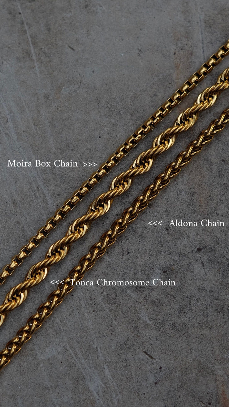 All our new textured chains together - A rope chain, box chain and wheat chain. Handcrafted in brass with 1 micron plating.  Designed in Goa, India and handmade in Jaipur.