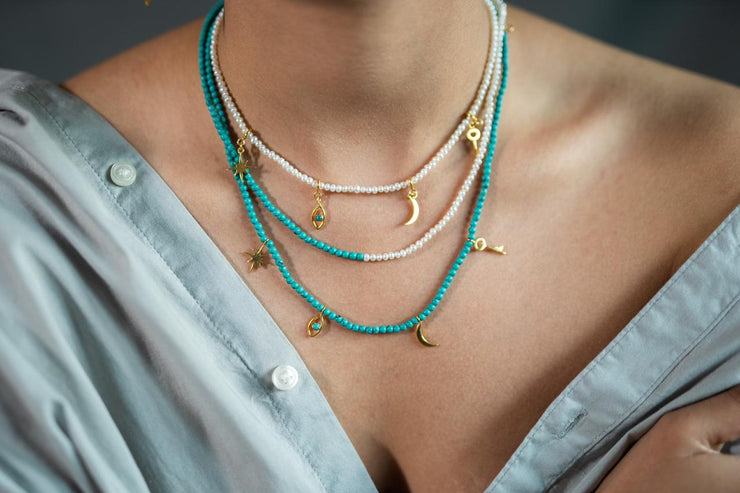 Dual Crescent Pearl + Turquoise Necklace
